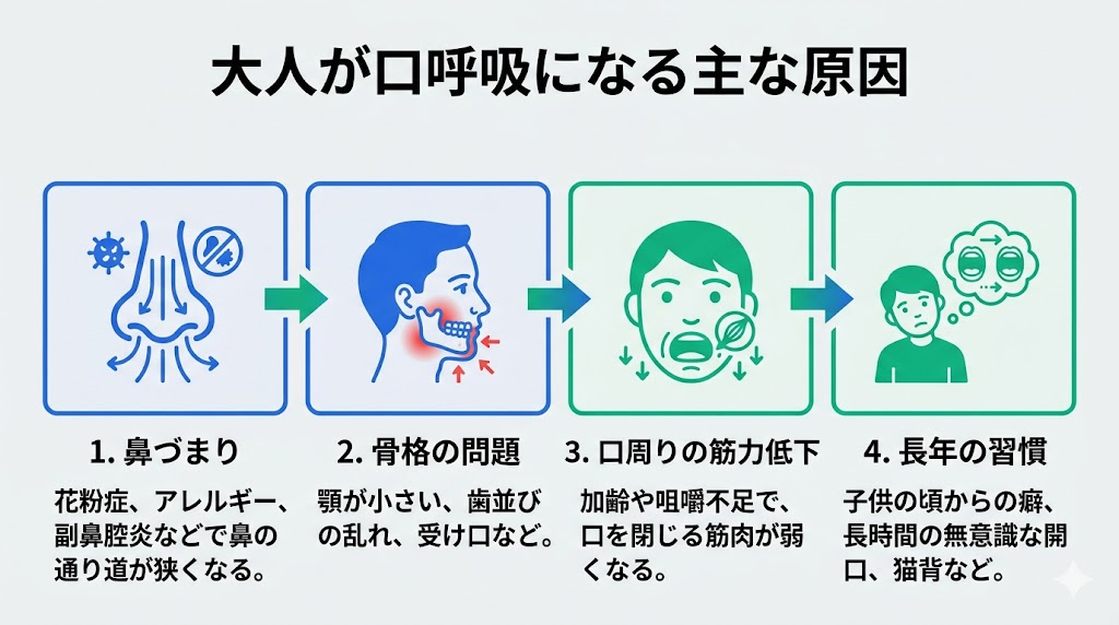 大人が口呼吸になる主な原因の図解