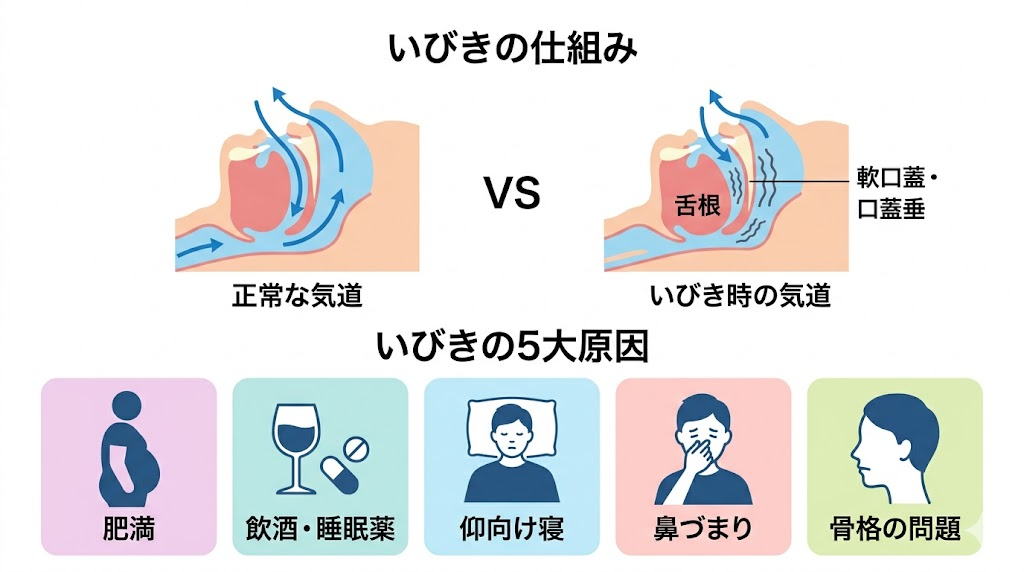 いびきの発生メカニズムと5つの原因の図解