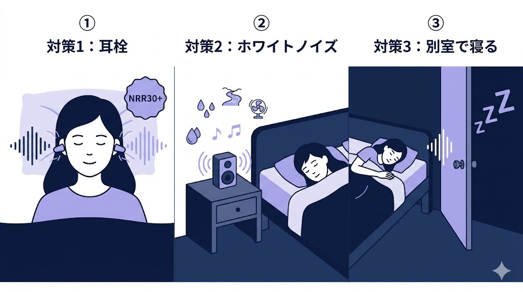 いびきがうるさくて眠れない時の3つの即効対処法の図解