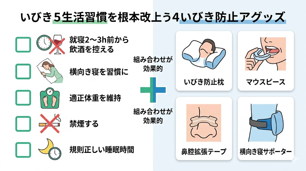 いびきを根本改善する生活習慣と対策グッズの図解