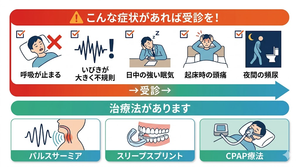 睡眠時無呼吸症候群の危険サインと治療法の図解